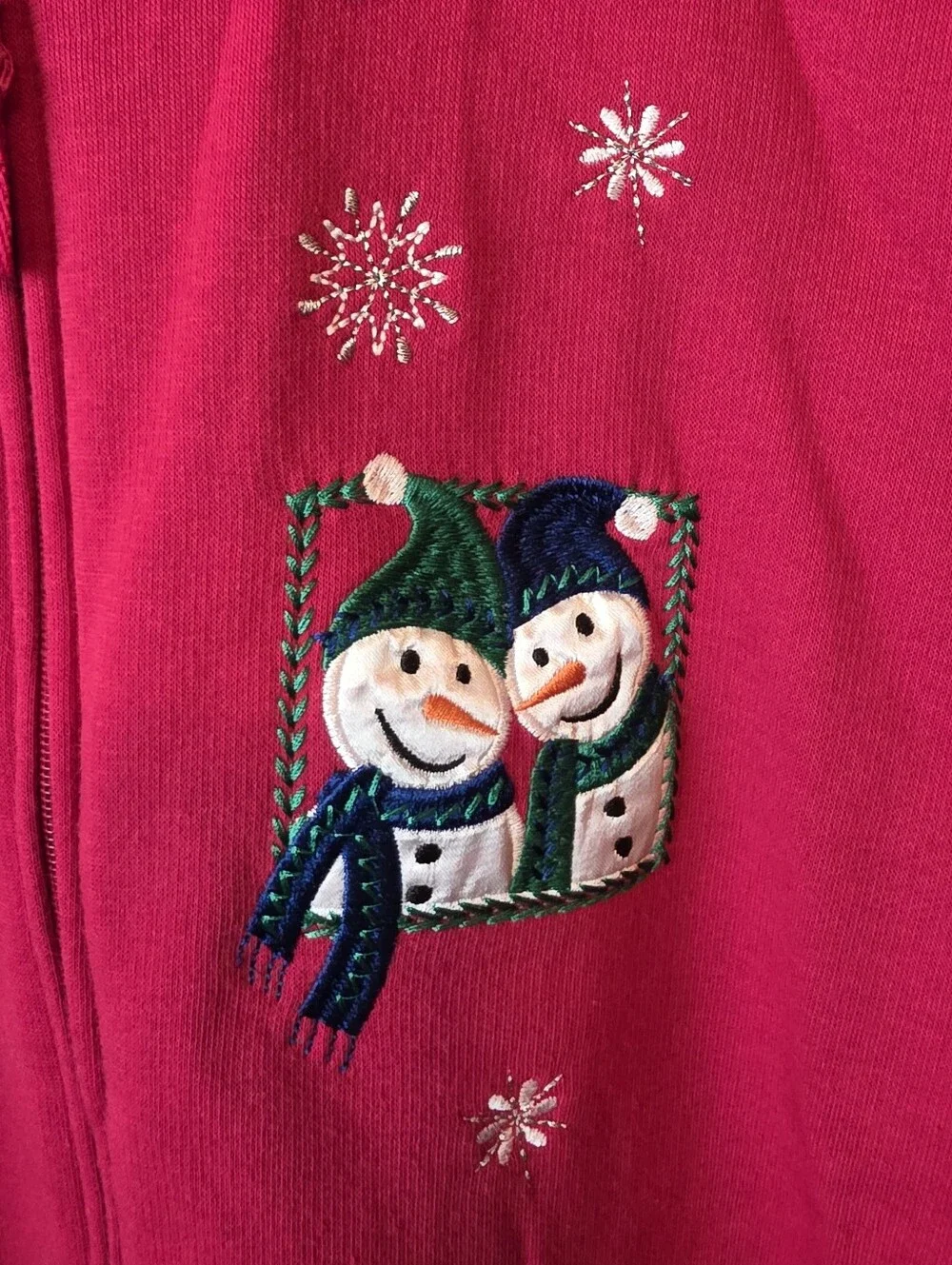 Vintage Breckenridge Christmas Snowmen Fleece Jacket Red Zip Size Petite Large